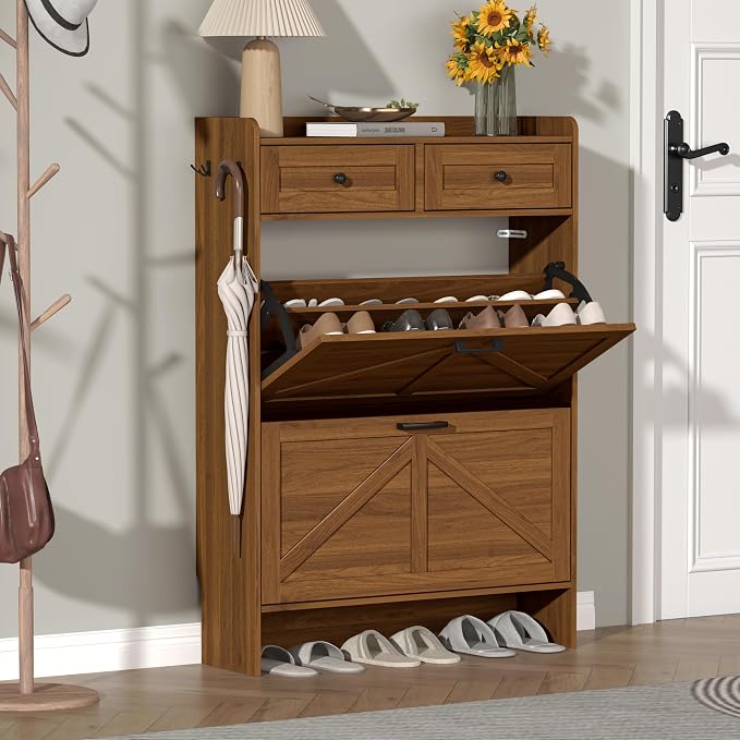 Thacuok Shoe Cabinet with 2 Flip Drawers & 2 Storage Drawers, Rustic Farmhouse - Image 3