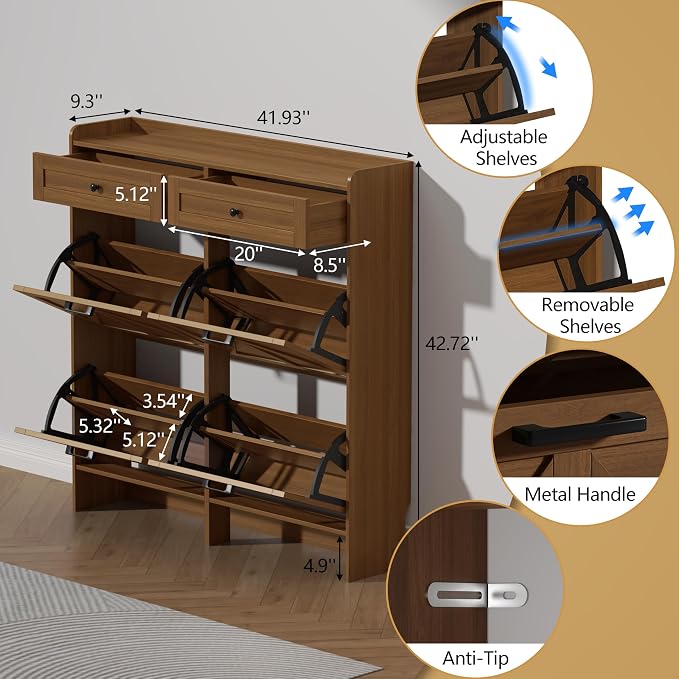 Thacuok Shoe Cabinet with 4 Flip Drawers & 2 Storage Drawers, Rustic Farmhouse - Image 6