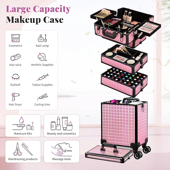 AROUS 5 in 1 Rolling Makeup Train Case Cosmetology Case on Wheels Large - Image 5