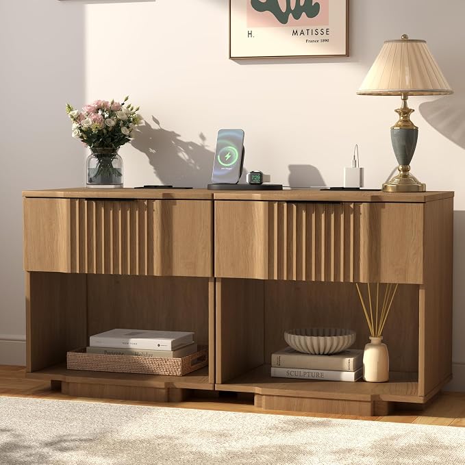 Yechen Fluted Nightstand with 20W Fast Charging Station - Image 9