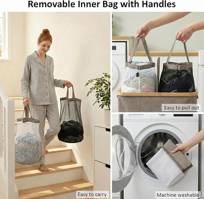 efluky Laundry Hamper with Lid, Double Laundry Basket with 2 Removable Bags - Image 3