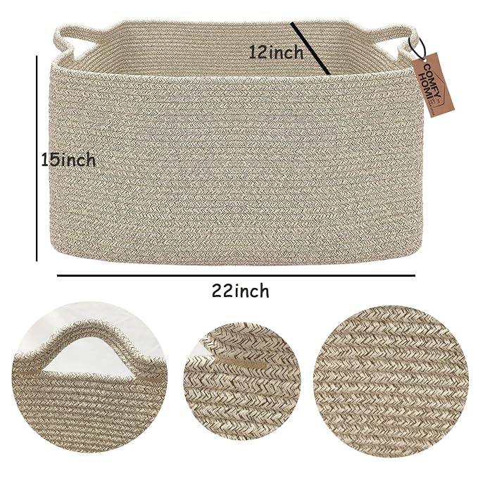 COMFY-HOMI Large Rectangular Blanket Basket, Woven Cotton Rope Baskets - Image 4