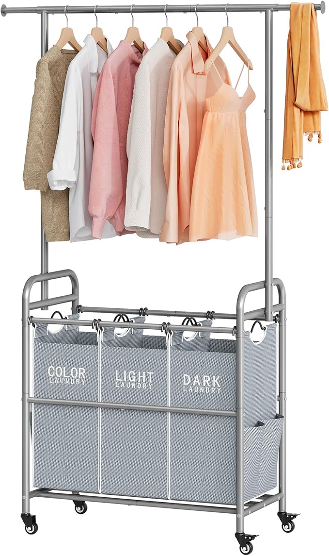 Tajsoon Laundry Sorter with Hanging Bar, 3 Section Rolling Laundry Hamper with by Tajsoon