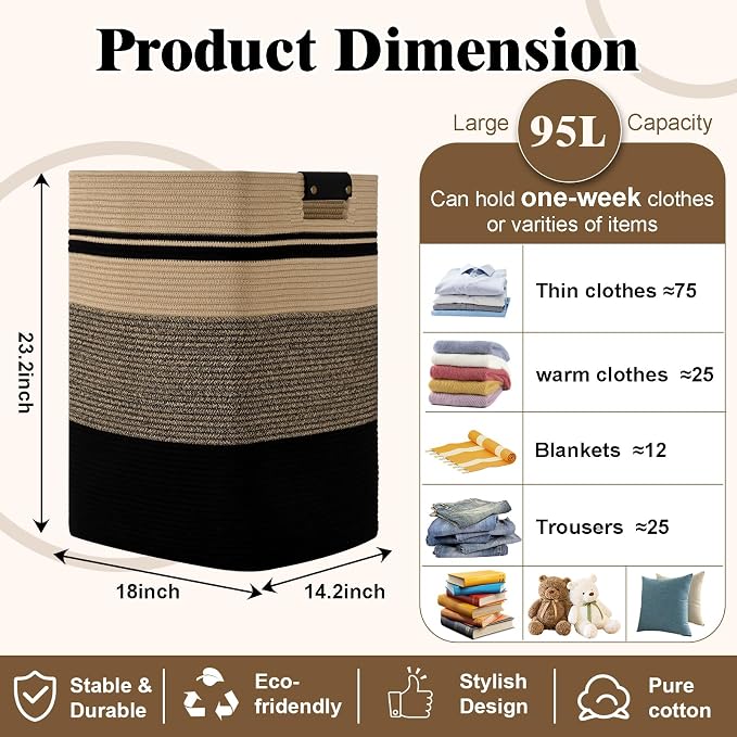Laundry Hamper, 95L Tall Laundry Basket - Image 3