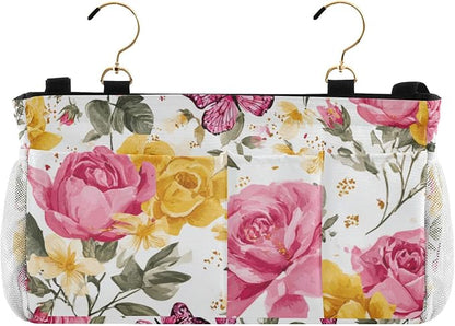 Pink Yellow Roses and Butterflies Bedside Caddy by QwThum