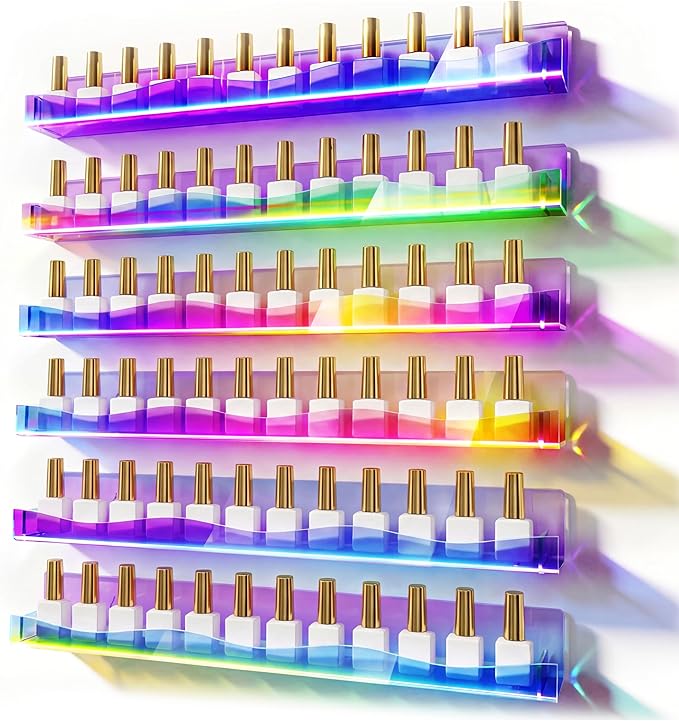 YMVV 15" Nail Polish Rack Wall Mounted Shelf, 6 Pack Clear Rainbow Iridescent by YMVV