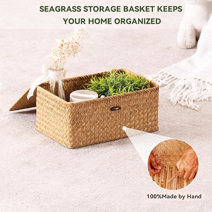 Nonam Storage Basket with Lid, Natural Seagrass Bin with Lid Set of 3, Shelf - Image 4