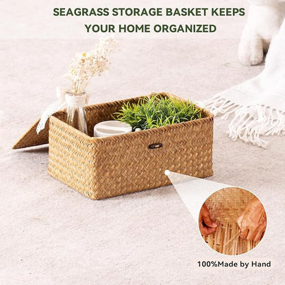 Nonam Storage Basket with Lid, Natural Seagrass Bin with Lid Set of 3, Shelf - Image 4