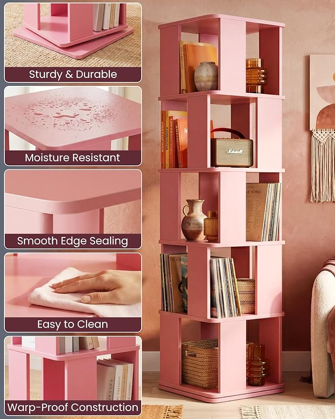5-Tier Rotating Bookshelf Tower, 360° Square Spinning Book Shelf | Floor - Image 3