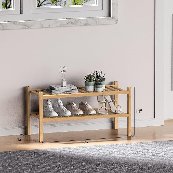 (Thick Bamboo Shoe Rack for Entryway, 2-Tier Free Standing Shoe Racks Stackable - Image 3
