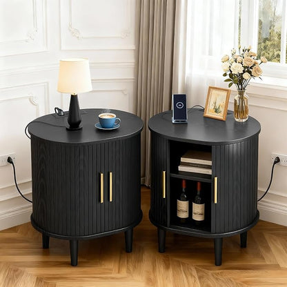 Nightstands Set of 2 & Charging Station, Fluted Accent Side Table by DHHFurnitureBuyNow