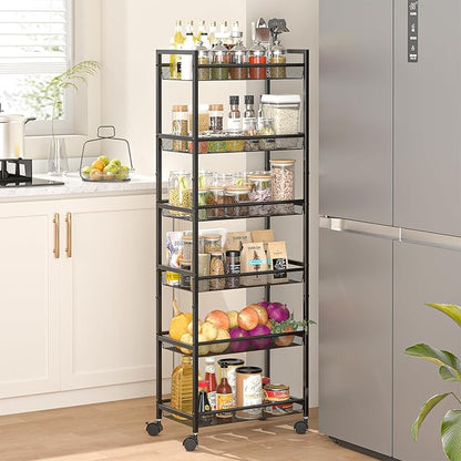6 Tier Slim Rolling Storage Cart, Narrow Mobile Shelving Unit Organizer Utility by ThreeHio