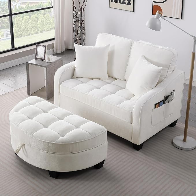 ERYE Chenille Tufted Loveseat Sofa and Ottoman Set, Tufted Recliner Sleeper - Image 6