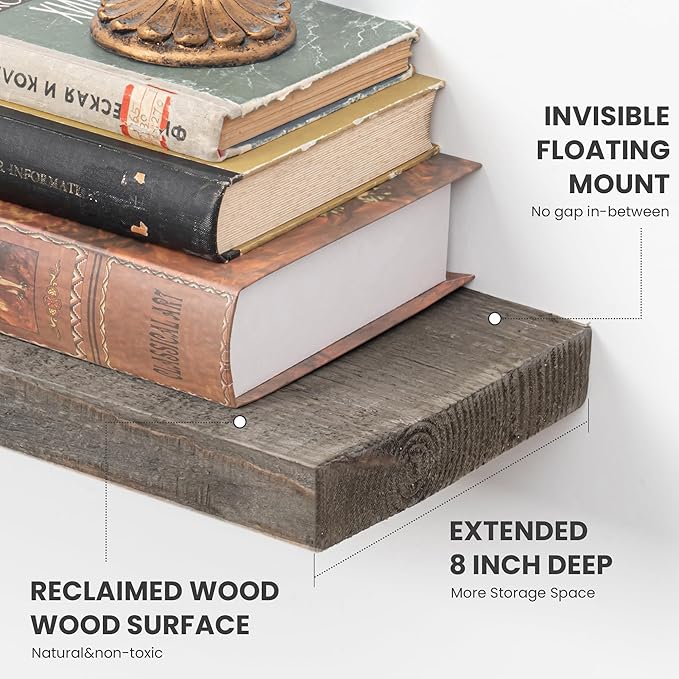 Floating Shelves, 8 Inch Deep Rustic Solid Reclaimed Wood Wall Shelves - Image 4
