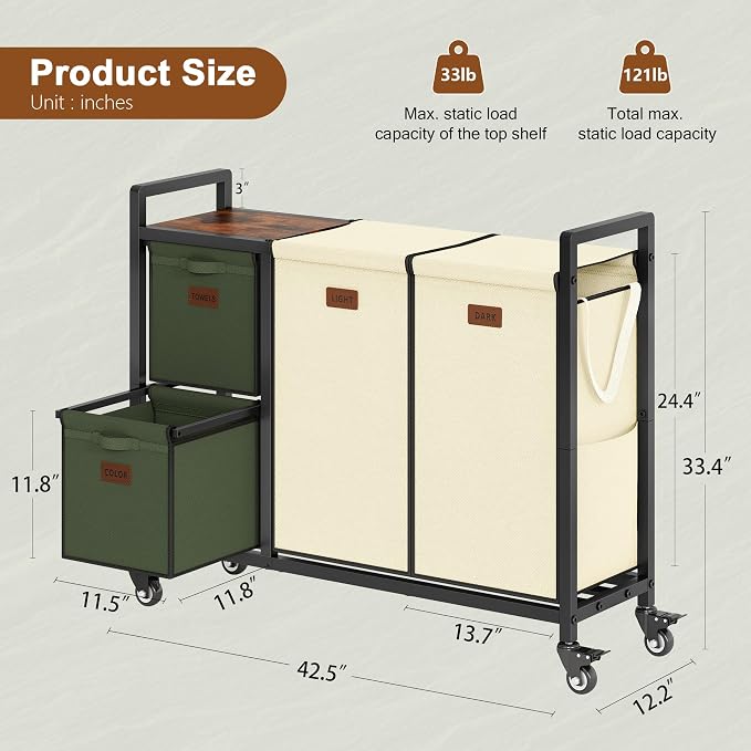 Hoctieon 4 Section Laundry Cart, 48 Gal. Laundry Hamper - Image 8