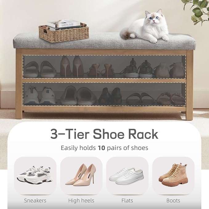 Zihanhome Shoe Rack Bench with Cushion, 2 Tier Solid Wood Storage Bench - Image 6