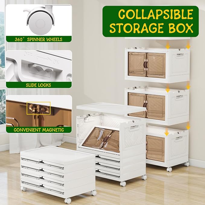 Storage Bins with 2 Lids and Wheels, Collapsible Bathroom Storage Cabinet with - Image 3