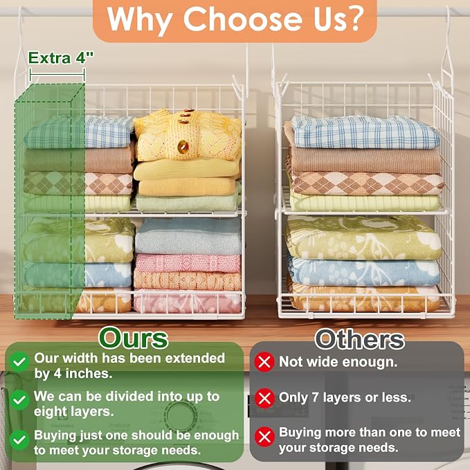 Extended Width Hanging Closet Organizer, 8 Tier Wire Storage Shelves | Hanging - Image 5