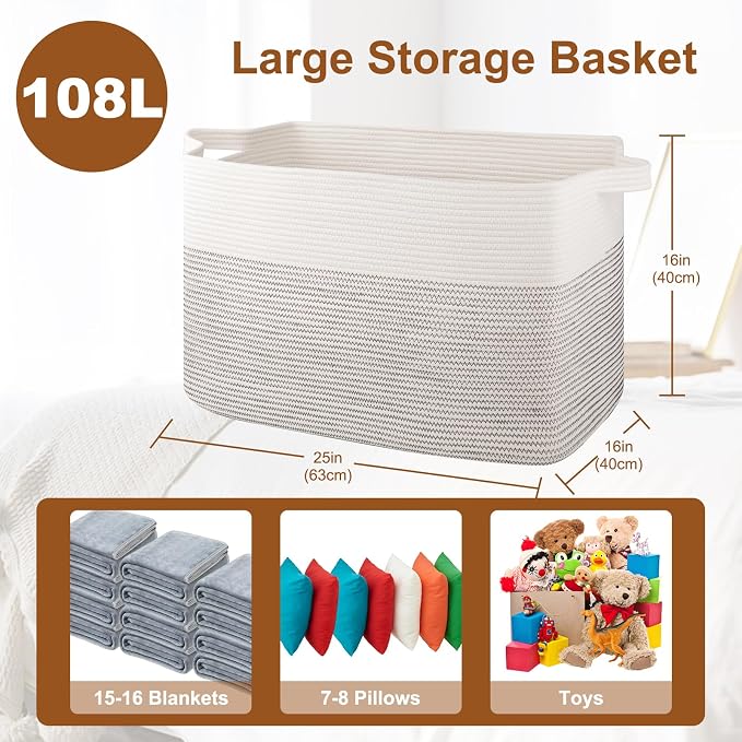 XXXL Large Blanket Basket, 108L Storage Basket, Cotton Rope Baskets - Image 5