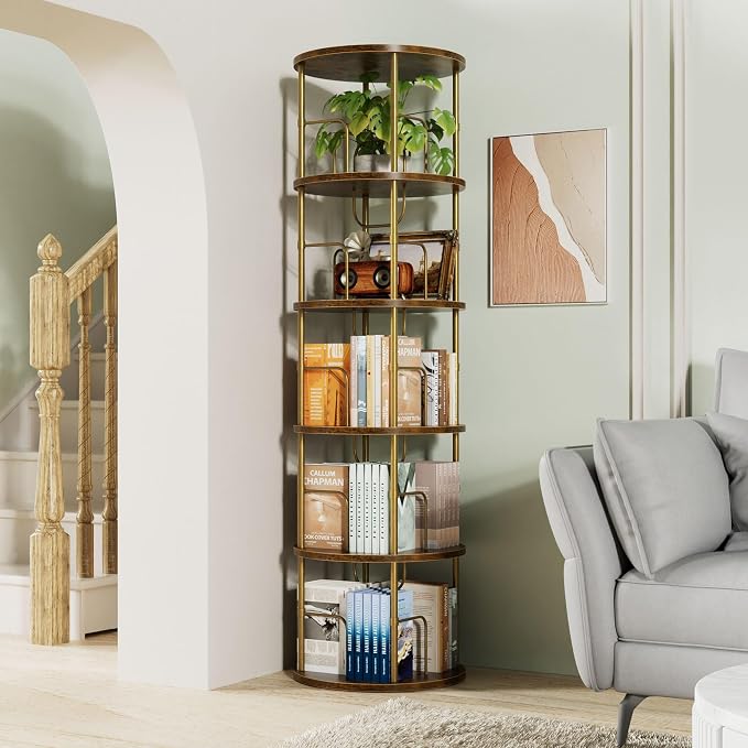 Flycity 5 Tier Rotating Bookshelf, 360° Corner Bookshelf Tower, Round Revolving - Image 7