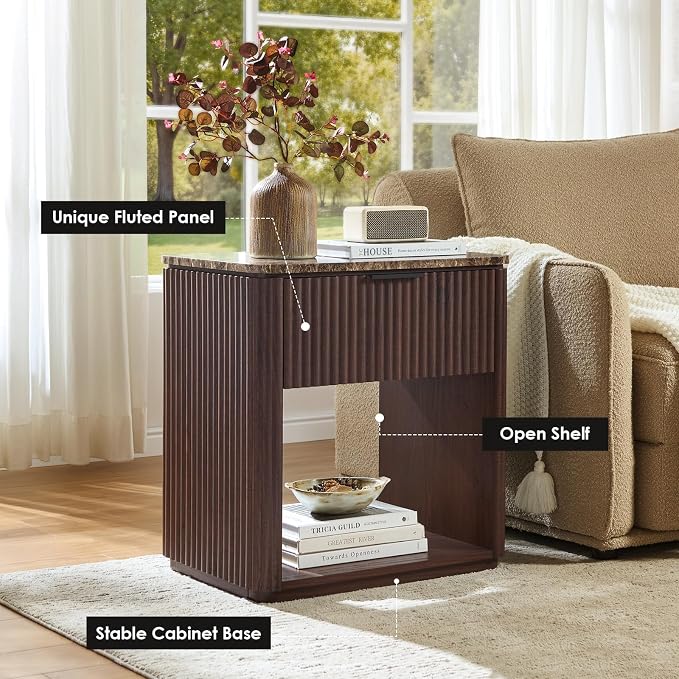 Fluted Nightstand Set of 2, Bedside Table - Image 4