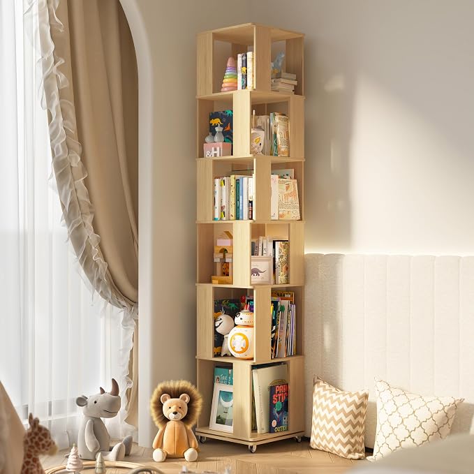 6 Tier Solid Wood Rotating Bookshelf Tower on Wheels, 360° Upgrade Spinning - Image 8