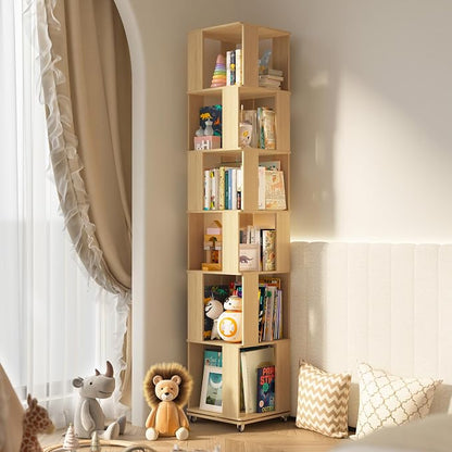 6 Tier Solid Wood Rotating Bookshelf Tower on Wheels, 360° Upgrade Spinning - Image 8