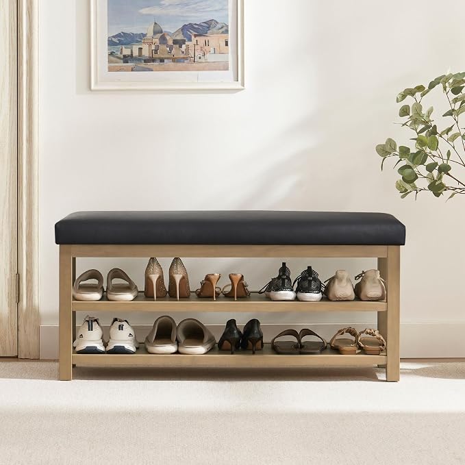 Zihanhome Shoe Rack Bench with Leather Cushion, 2 Tier Solid Wood Storage Bench by Zihanhome