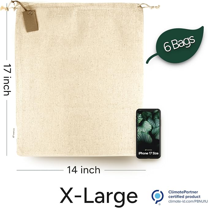 LEAFICO Cotton Storage Bags – X-Large 14x17 Inch – Reusable Muslin Bags - Image 2