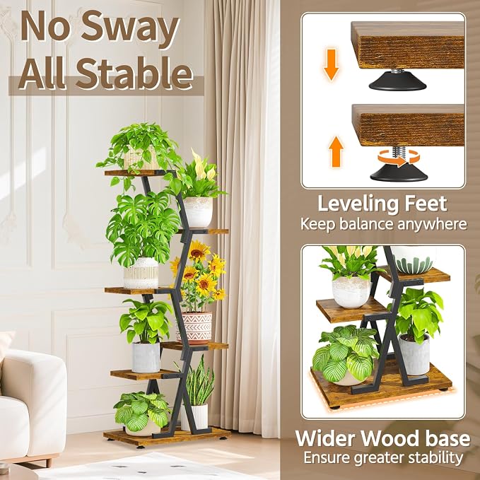 LASZOLA 5 Tier Tall Wood and Metal Plant Stand Indoor - Image 3