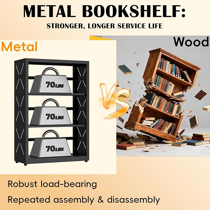 Industrial Bookshelf, 3 Tier Bookcase, Home Office Bookcase Shelf Storage - Image 6