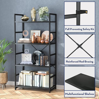 NUMENN 4 Tier Bookshelf, Tall Freestanding Open Storage Bookcase, Support Bars - Image 5