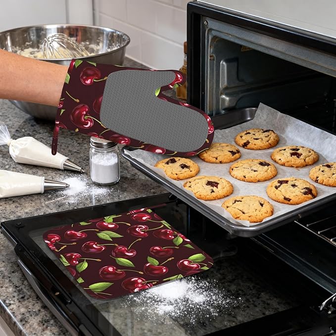 Red Cherry Heat-Resistant Silicone Oven Mitts and Pot Holders, Long Oven Gloves - Image 4