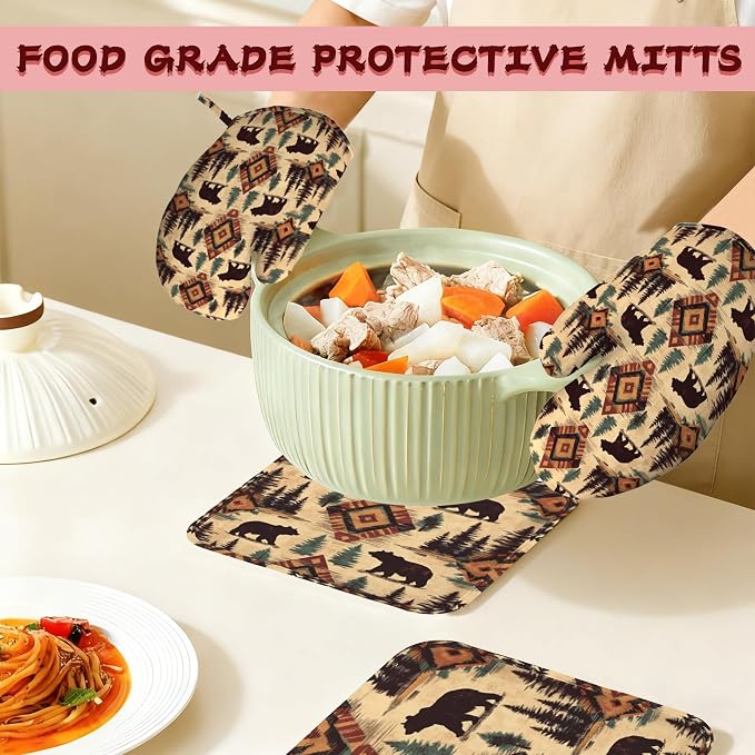 Tribal Bear Retro Geometric Silicone Oven Mitts and Pot Holders, Heat-Resistant - Image 7