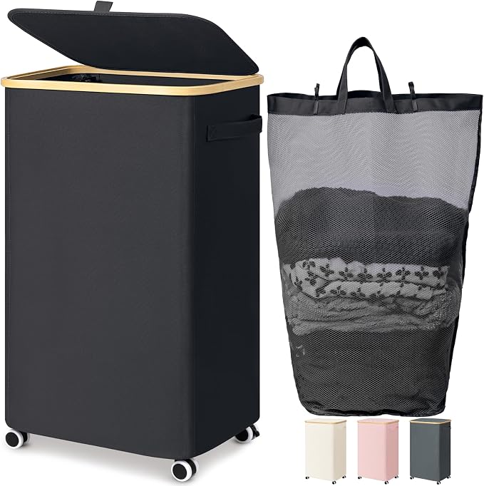 Goodpick Laundry Basket with Wheels, 100L Rolling Laundry Hamper with Lid by Goodpick