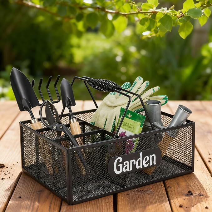 Garden Tool Storage, 4 Compartments Metal Mesh Garden Caddy, Portable Garden - Image 7