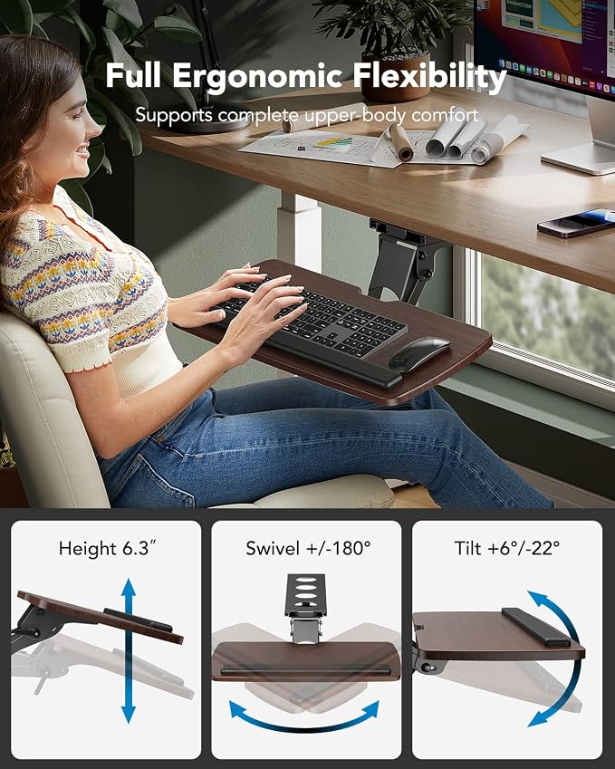 HUANUO Keyboard Tray Under Desk，360 Adjustable Ergonomic Sliding Keyboard & - Image 2