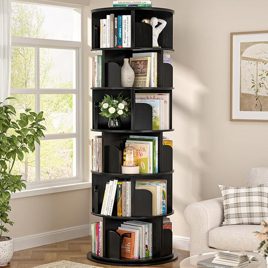 Aheaplus 6 Tier Rotating Bookshelf, Wood Spinning Bookshelf Tower, Round by Aheaplus