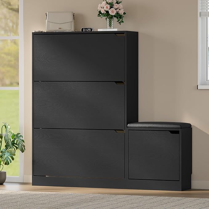 BORNOON Shoe Cabinet with Bench and 3 Flip Drawers, Slim Narrow Shoe Storage - Image 3