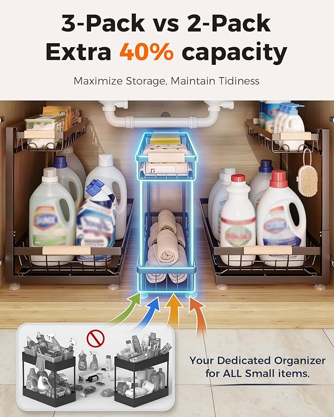 Sevenblue 3 Pack Under Sink Organizer, Height Adjustable 2 Tier Pull-Out Metal - Image 4