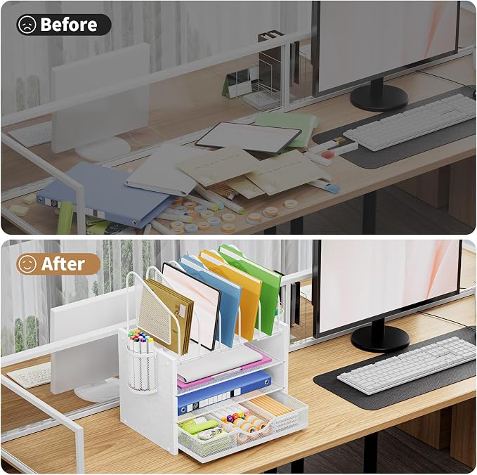Marbrasse Desk organizer with Drawer, 4-Tier Wooden File Organizer with 5 - Image 5