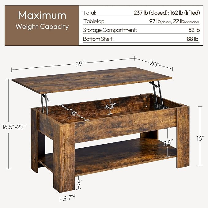 Yaheetech Coffee Table, Lift Top Coffee Table - Image 3