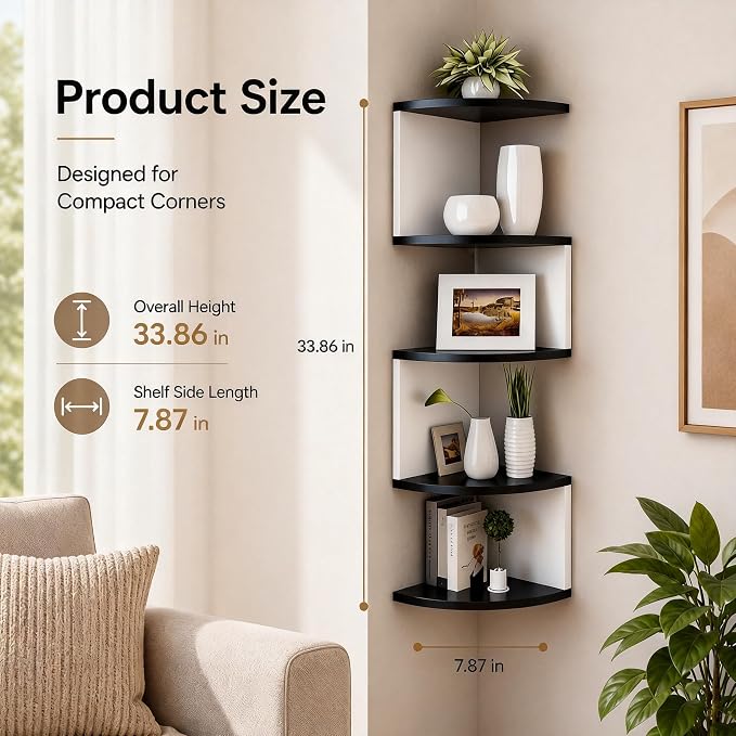 No-Drill Corner Shelf Wall Mount, 5-Tier Floating Corner Bookshelf - Image 7