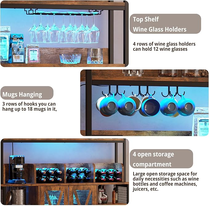IRONCK Coffee Bar Cabinet with Power Outlet, Industrial Buffet Cabinet with LED - Image 7