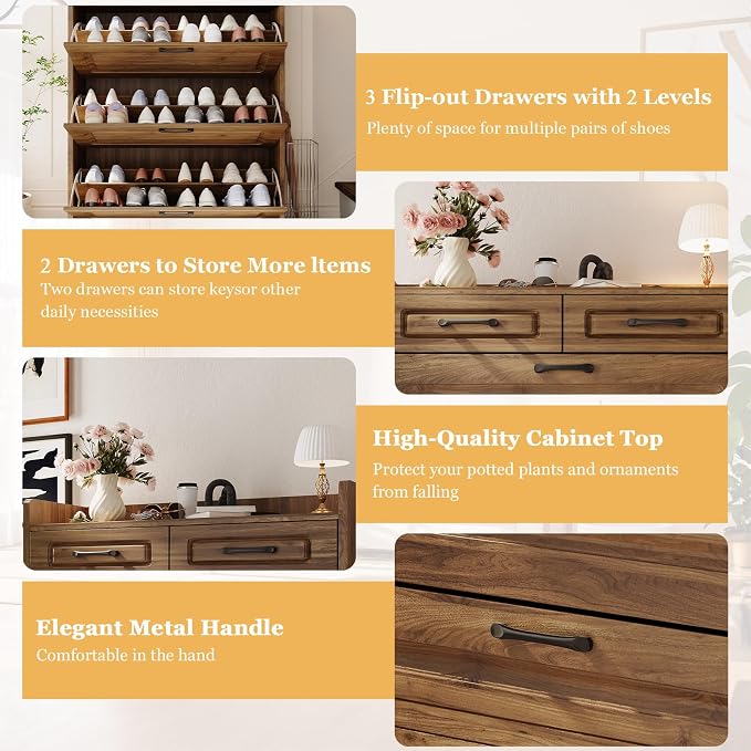 ODUWA Shoe Cabinet with 3 Flip Drawers and 2 Storage Drawers, Shoes Organizer - Image 3