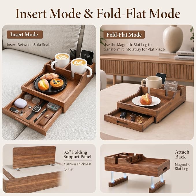 2-in-1 Couch Tray with Cup Holders, Sofa Arm Tray Table with Drawer Storage - Image 3