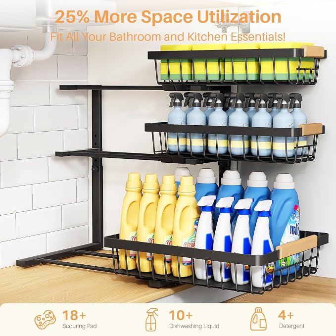 PXRACK Under Sink Organizer, 3-Tier 2-Pack Adjustable Height Pull Out Under - Image 4
