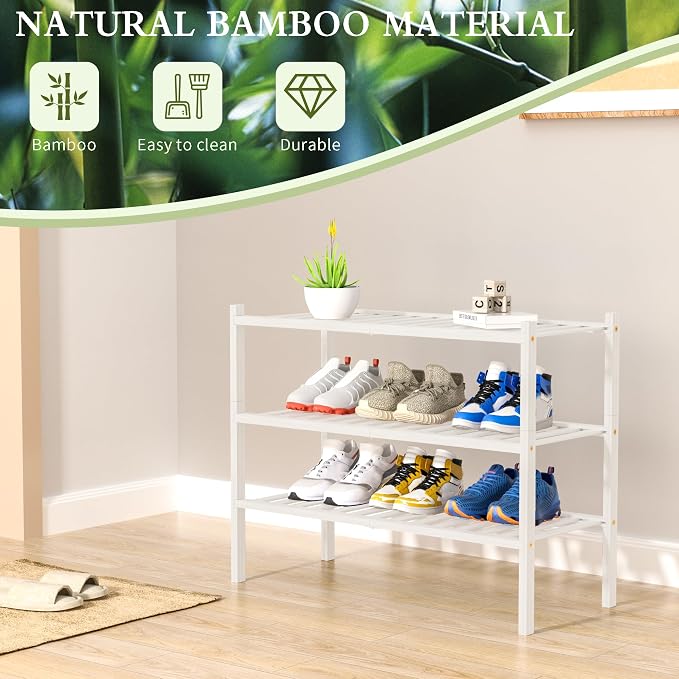 3 Tier Bamboo Shoe Rack for Closet Free Standing Wood Shoe Shelf Storage - Image 6
