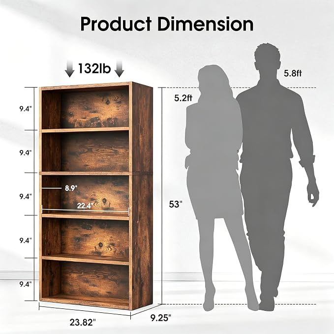 HealSmart 5 Tier Bookcase, Industrial 5 Book Shelf, 9.2" D x 23.8" W x 53" H - Image 3