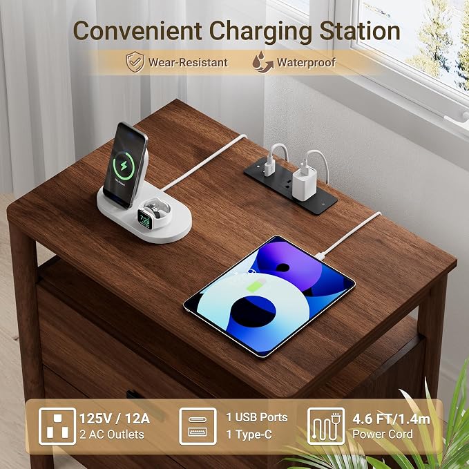 Night Stand with Charging Station, 2 Drawers Nightstand with Open Shelf - Image 4